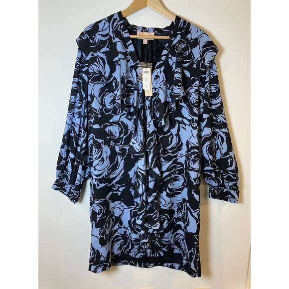 NWT Chico's Black Label Dress Sheath Black Blue Ruffle Size Large L New - Picture 1 of 5